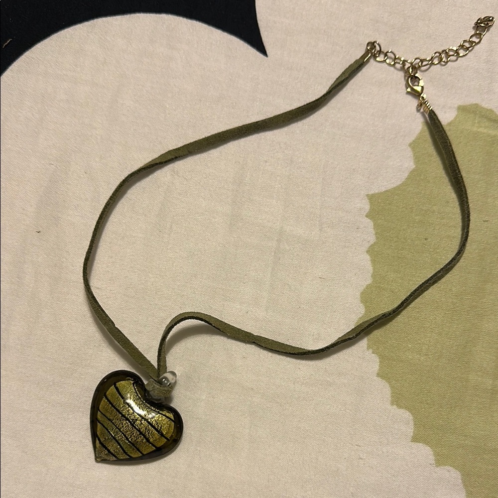 Green Heart Pendant Necklace with Textured Design and Dark Green Cord